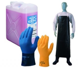 洗浄剤、手袋、前掛けなどの衛生用品